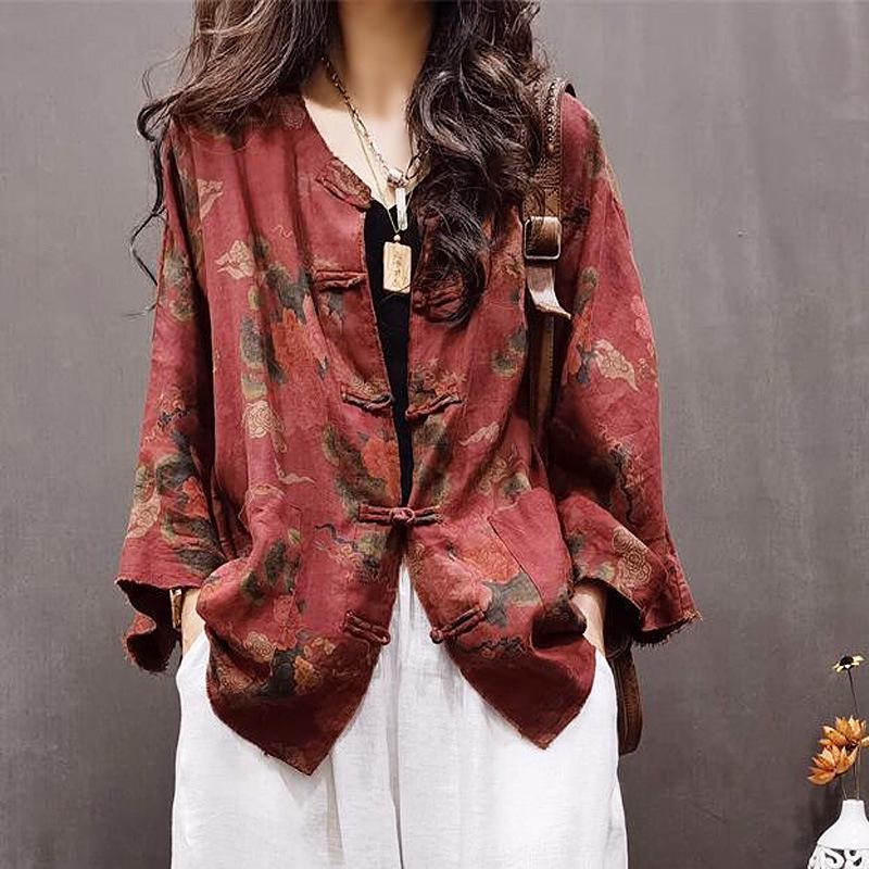 Women s Retro Ethnic Style Distressed Printed Cotton-Linen Jacket for Spring 2026 XL