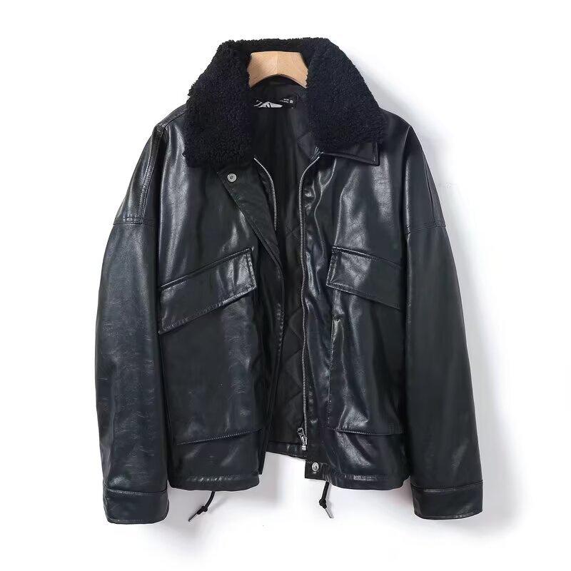 2024 A/W Women's Loose Faux Leather Coat with Removable Fur Collar - Style 24188