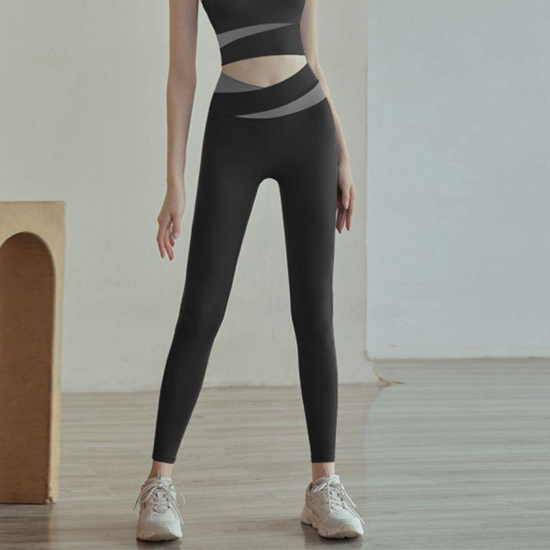 High-Waisted Color-Block Cross-Waist Yoga Pants for Hip-Lifting and Pilates