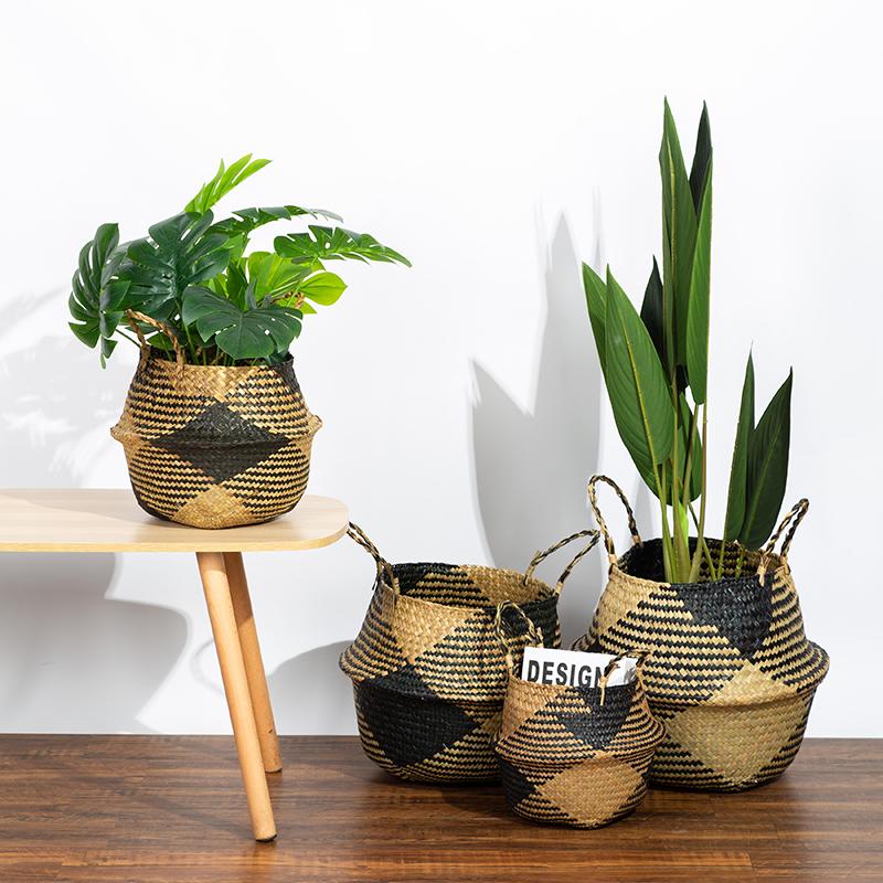 Handmade Straw Storage Baskets Rattan Flower Pot Belly Basket with Handles Folding Clothes Laundry Storage Container
