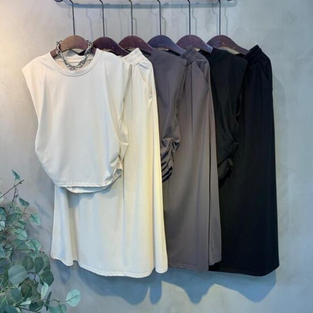 C S In The Room jeSS ShirrIng Cap Sleeve T ShirT bandIng Long SkirT SeT 3 Color