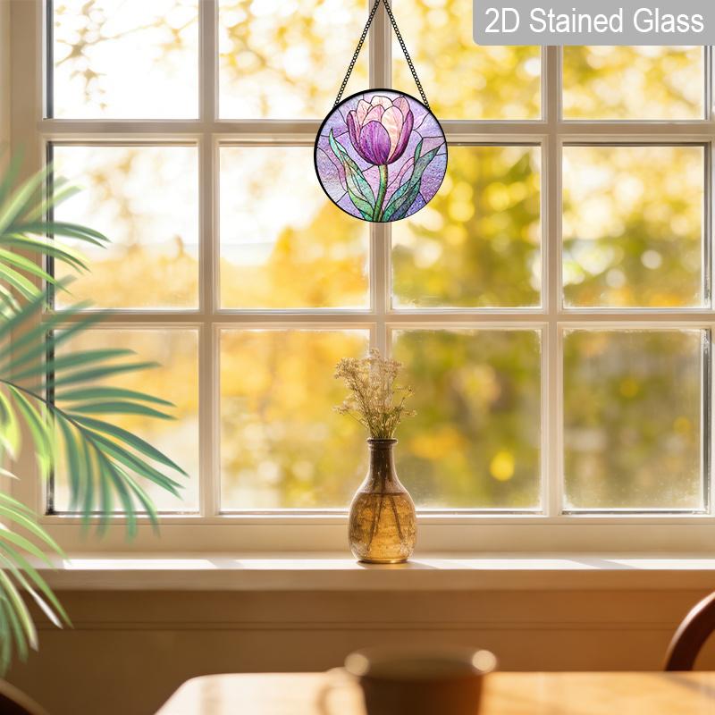 2D Flat Stained Glass Flower Window Decoration, 7.87inches Purple Tulips Design Colored Glass Plate with Chain, Charming Spring Summer Sun Catcher