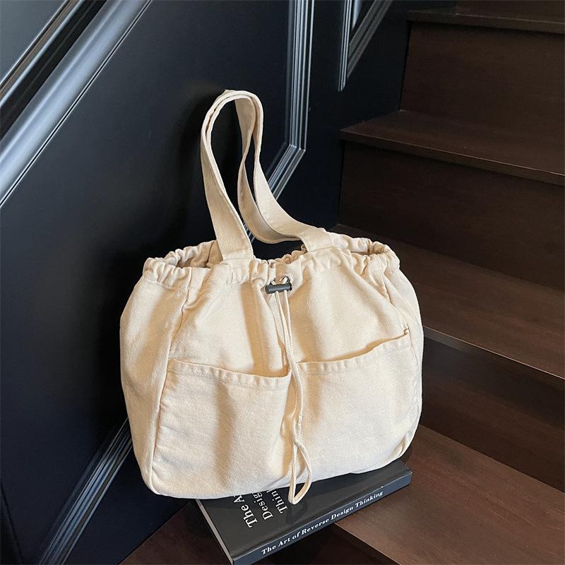 Simple Drawstring Bundle Handbag Casual Large Capacity Student Class Versatile Retro Solid Color Canvas Bag Women