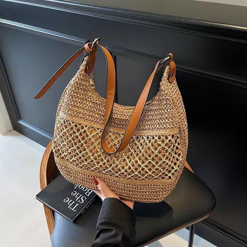 Women Hollow Shoulder Bag Large Capacity Straw Weaving Travel Handbag Adjustable Strap Shopper Tote Bag