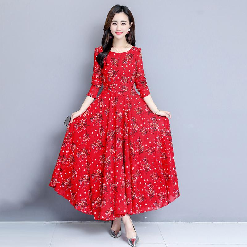 Rochie evazată florală elegantă Rochie de plajă cu mânecă lungă cu gât rotund Fustă A-Line imprimată