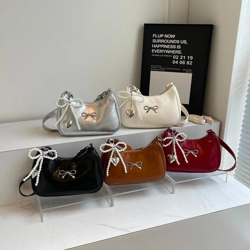 Chain Zipper Pu  Popular Shoulder Bag Sewing Thread Solid Color Bow Fashion Crossbody Bag Soft Versatile Women's Handbag