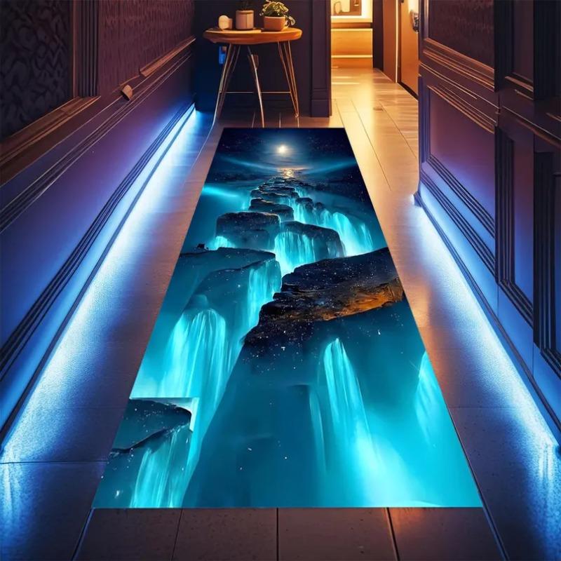 3D Luminescent Waterfall Carpet Glowing Cascade with Rock Cliff Print Runner Rug Ethereal Blue Flow Floor Mat Fashion and Beauty