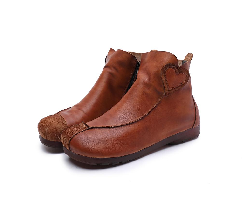 Single Boots Women's Autumn and Winter New First-layer Cowhide Women's Boots Soft Heart-shaped Hand-spliced Flat Bottom
