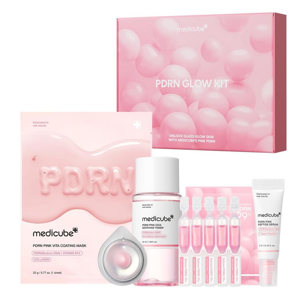 Medicube PDRN Trial Kit Serum Cream Face Mask PDRN Pink Ampoule Salmon Improves Skin Glowing For Dry and Combination Skin (Lotion + + + Pack)