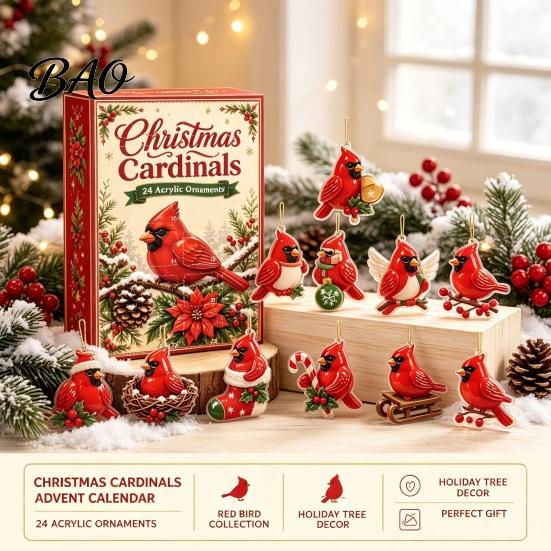 Holiday Countdown Decoration Red Bird Advent Calendar, 24-Day Christmas Set with Toy Ornaments, 2D Acrylic Tree Hanging Decor, Gift for Kids