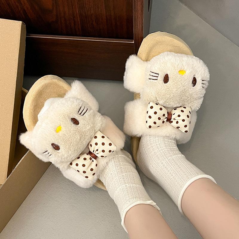 Cute Mao Mao cartoon KT cat bow Mao Mao slippers women's 2025 autumn and winter new one-word parallel bar cotton slippers