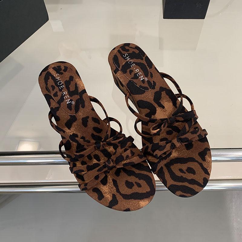 Fashion Fashion Butterfly-Knot Women Wedges Slippers Spring Summer Round Toe Ladies Heeled Slippers Shoes Female Slides Sandals Pumps