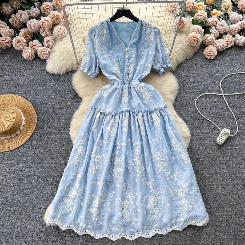 Summer Elegant Holiday Flower Embroidery Beach Dresses For Women V Neck Short Sleeve Robe A Line Party Birthday Dress