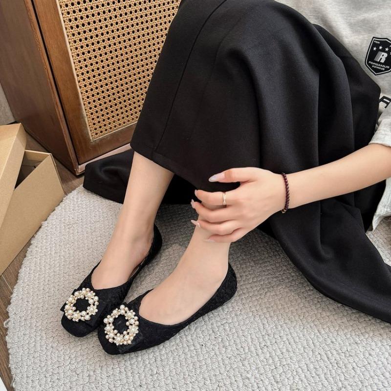 Fashion Women's Flat Shoes Autumn New Round Head Shallow Mouth Cloth Surface Pearl Square Buckle Soft Sole Non-slip Low Top Shoes