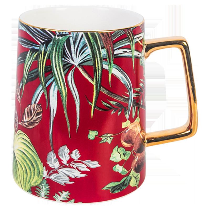 480ml Ceramic Coffee Mug With Luxury Gold Handle Pastoral Style Gold Flower Bird Magpie Birthday Gift Mugs