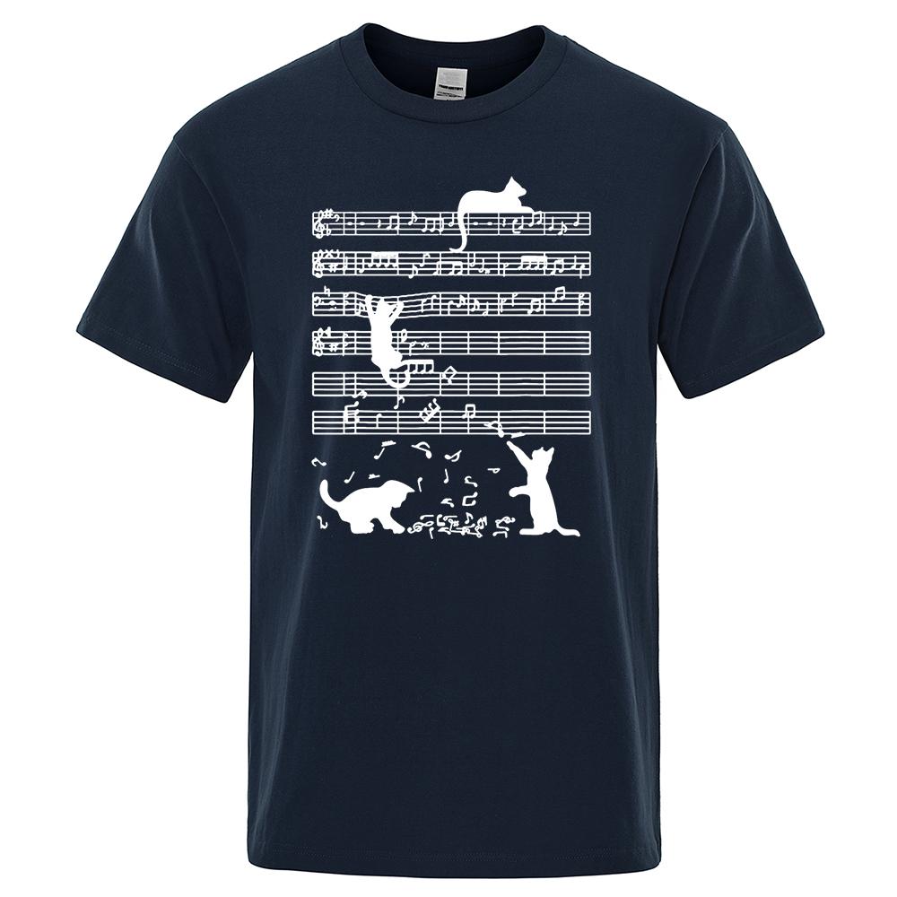 Cotton T Shirt Printed Cat Playing Staves Funny T-shirts for Men Summer Short Sleeve Top Tee Shirts Casual Basic Mens T-shirt