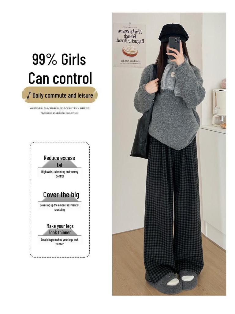 Korean Retro High Waist Plaid Wool-Blend Fleece Lined Wide-Leg Pants XS