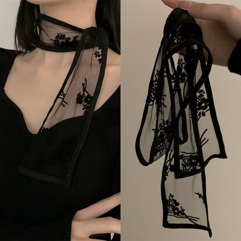 Sweet Flower Lace Neck Strap Dressing Decoration Korean Style Hair Band Neckerchief Transparent Long Ribbon Head Scarf