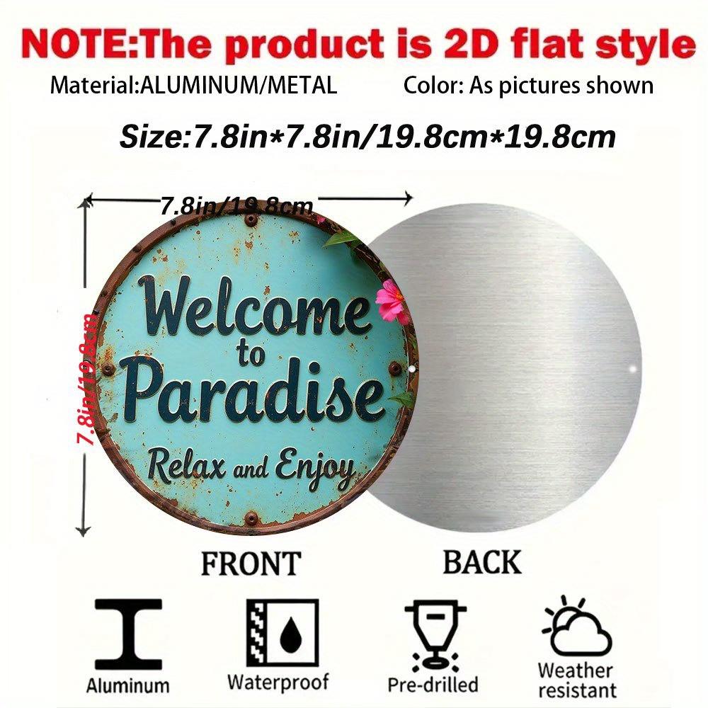 

Vintage Turquoise Welcome to Paradise Metal Wall Decor Round Hanging Sign for Poolside Garden Living Room 20x30cm（7.8x11.8inch）