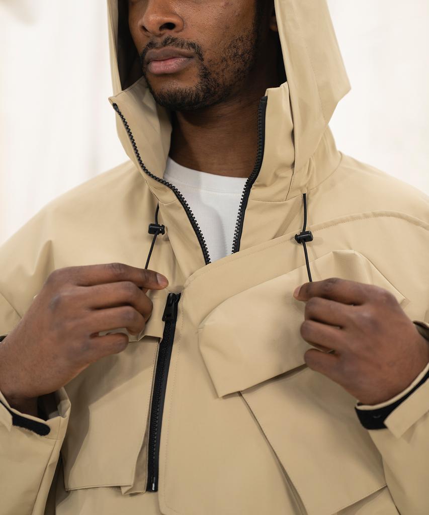 Kalapatthar 3Layer Offset Zip Pocket Hooded Jacket - Beige