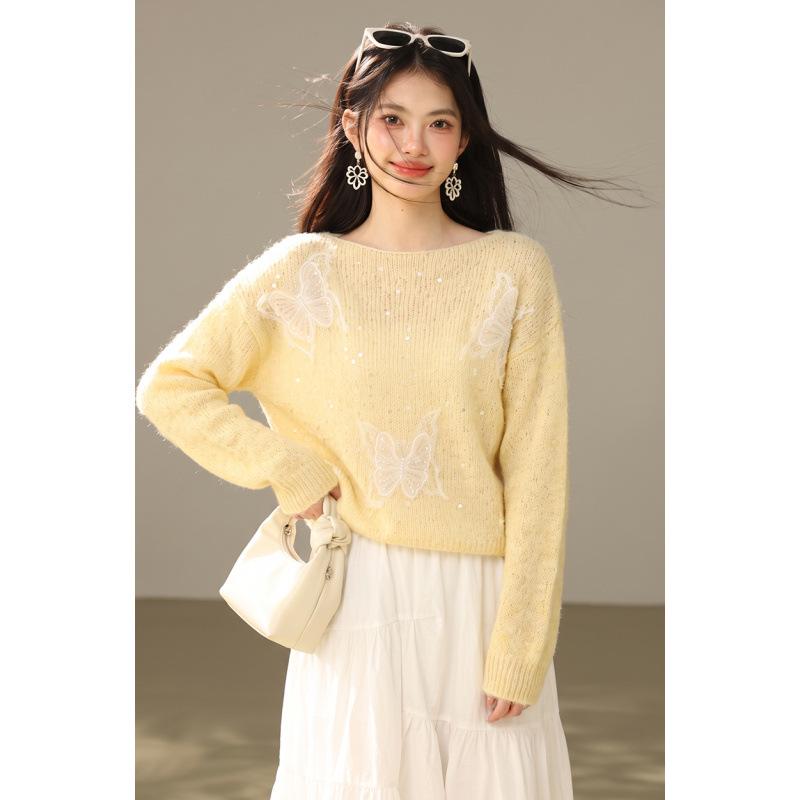 Women's Long-Sleeve Butterfly Bead Knit Sweater - Soft, Unique, and Elegant for Autumn/Winter