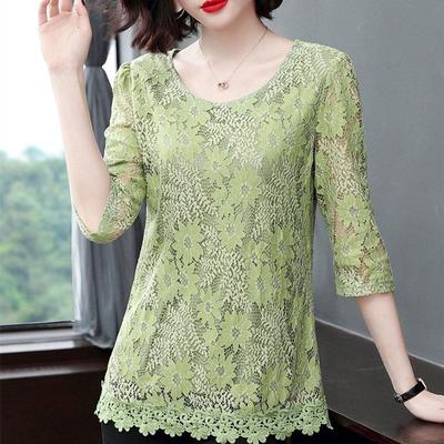 New Casual Floral Stylish Hollow Out Round Neck Shirt Summer 3/4 Sleeve All-match Korean Female Clothing Gauze Loose Blouse