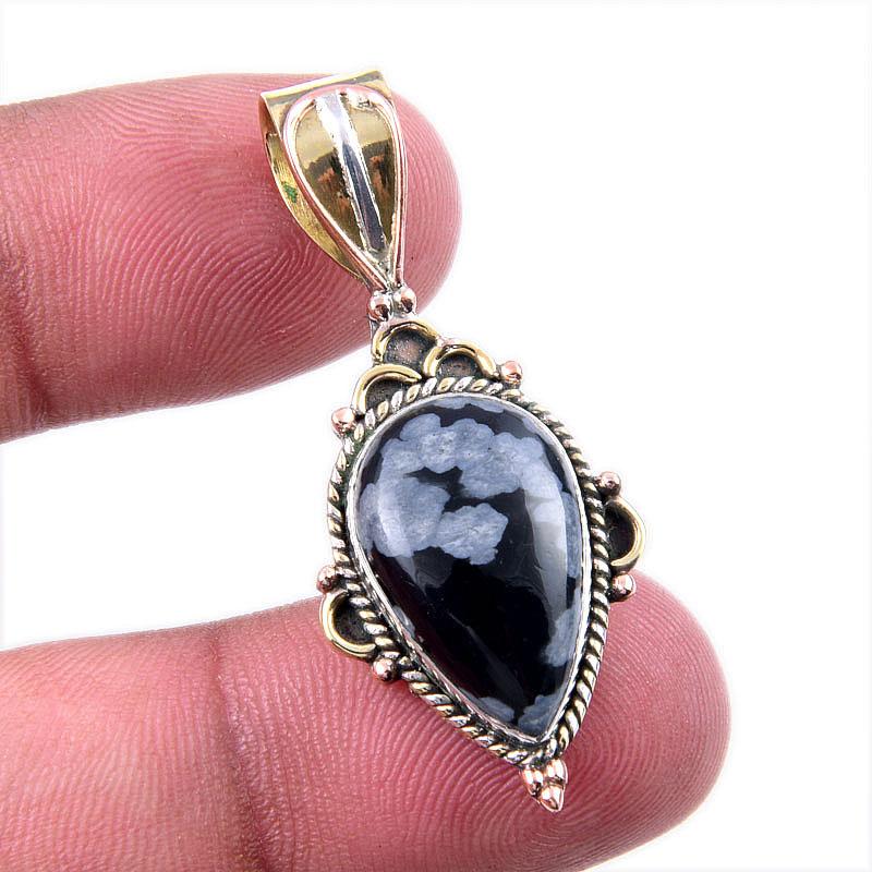 

Natural Snowflake Obsidian Gemstone 925 Solid Silver Two Tone Pendant 1.50 c2s59