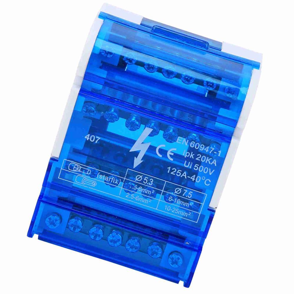 407 Terminal Distribution Box 4 in 24 Out 125A/500V Din Rail Terminal Block Distribution Box 4-Level Blue Distribution Box