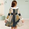 Girls High Neck Long Sleeve Printed Dark Navy Tie Waist A Line Flared Dress With White Fur Trim