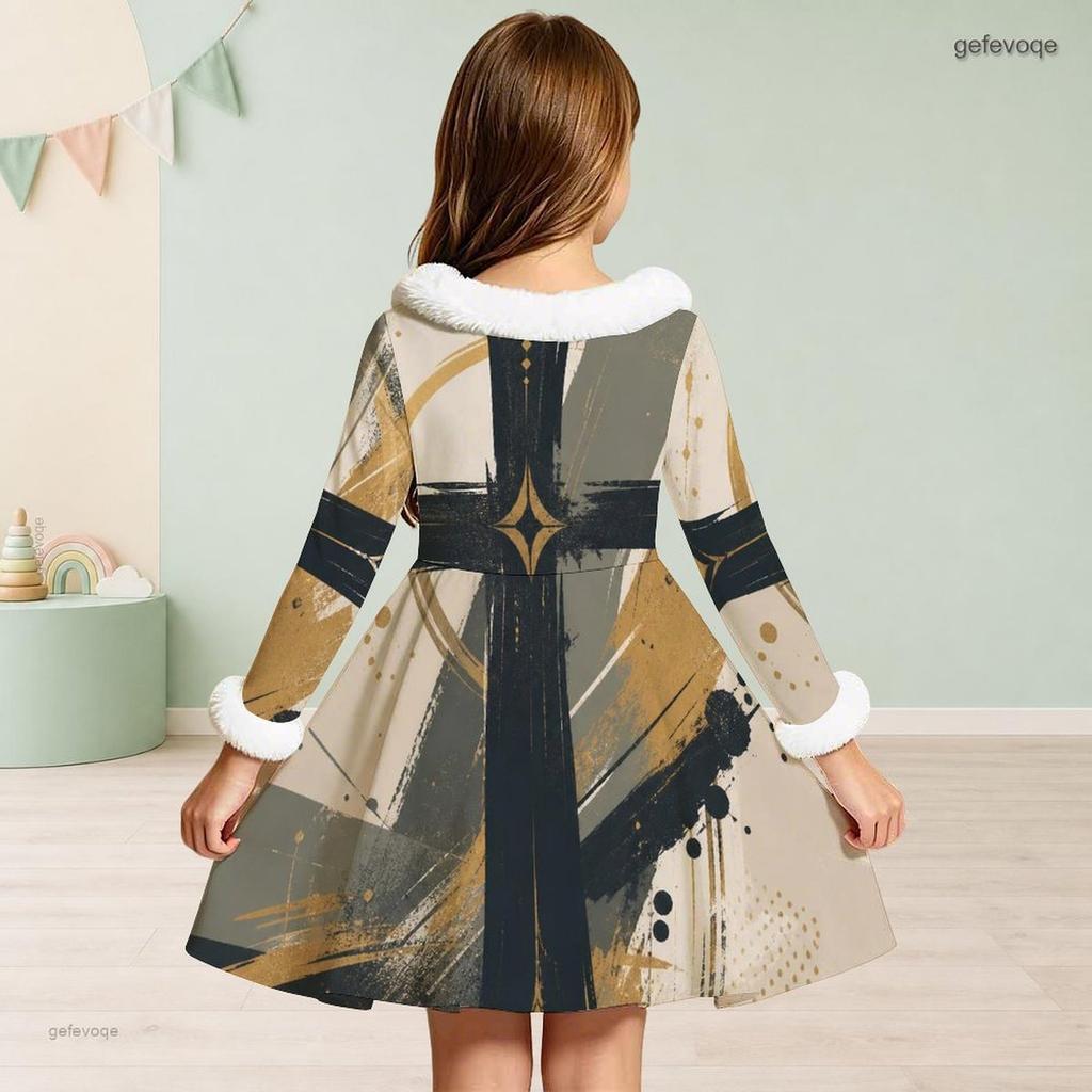 Girls High Neck Long Sleeve Printed Dark Navy Tie Waist A Line Flared Dress With White Fur Trim