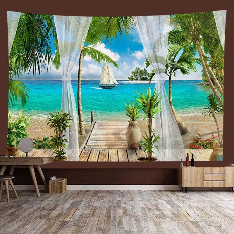 Window Sill Garden Beach View Large Tapestry Wall Hanging Bohemian Hippie Tapestry Room Aesthetic Living Room Home Decoration