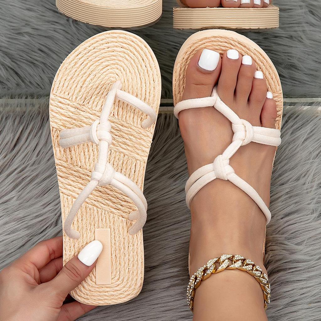 Women's Striped Suede Cross-Strap Flat Sandals with Faux Hemp Rope Sole.