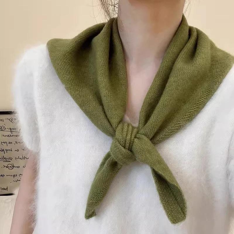 Women's Winter Wool Scarf Warm Triangle Knit Solid Color Shawl Wrap Pashmina Bandana Headscarf for Ladies