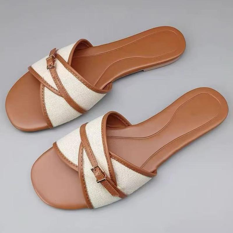 Fashion Fashion Canvas Belt Buckle Designer Slippers Women Comfortable Lightweight Slide Sandals Summer Elegant Peep Toe Flat Sandals