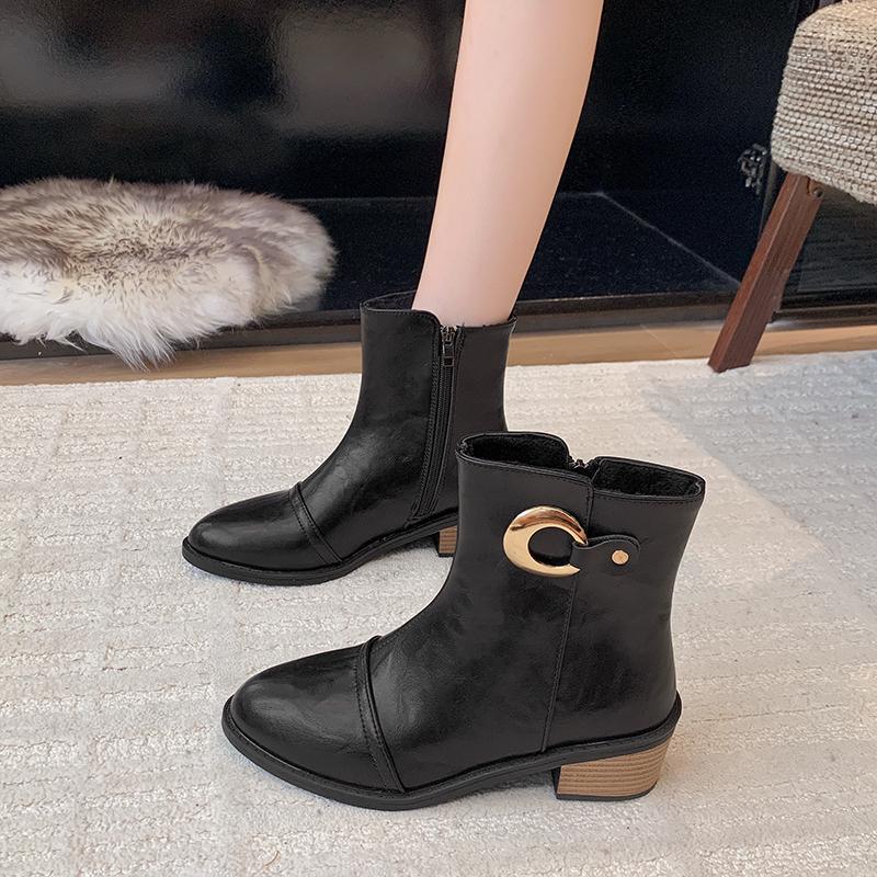 Paneled Booties  Spring and Autumn New Pointed Toe Side Zipper Metal Buckle Soft Sole Non-slip Block Heel Shoes