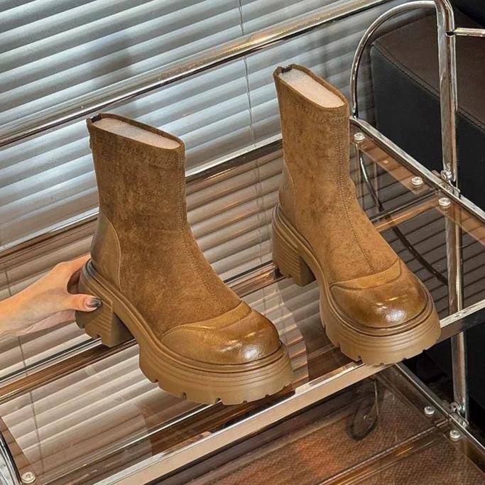 Women's Boots Vintage Platform Splicing Woman Ankle Boots Design Back Zippers Thick Sole Shoes  Autumn Short Botas Para Mujer