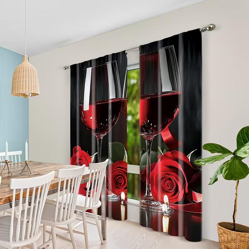 2 Pcs Red Wine Glass Print Curtains,suitable for Bedroom,living Room Kitchen Decoration,home Decoration,window Decoration