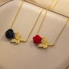 Romantic Red Rose Titanium Steel Necklace Female Temperament Zirconia Flower Pendant Collarbone Chain
