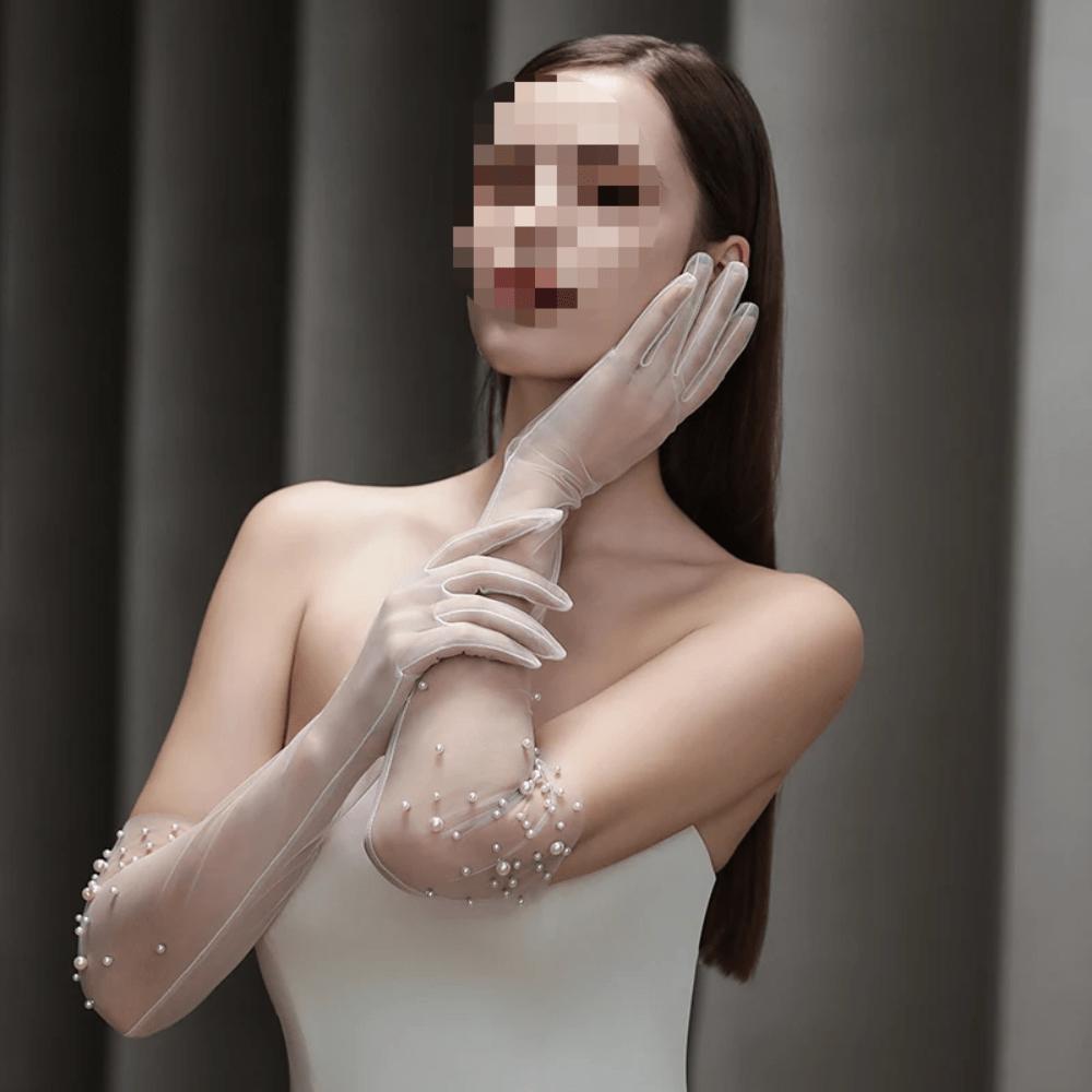 Bridal Gloves Heavy Handmade Beading Elegant Long Elegant Slim Wedding Dinner Party Tulle Gloves Wedding Accessories