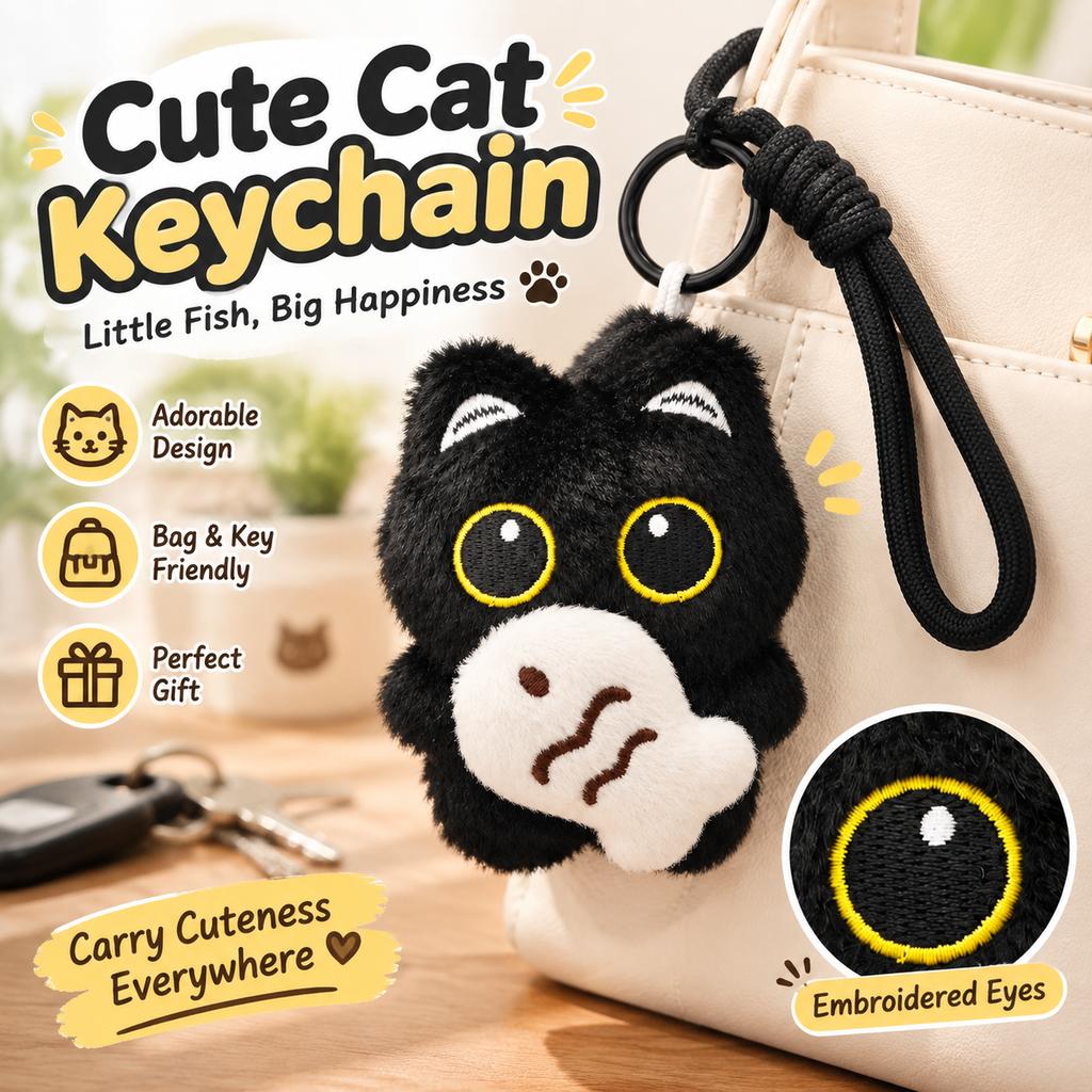 Black Cat with Fish Plush Keychain, Lanyard Style, 1 Piece