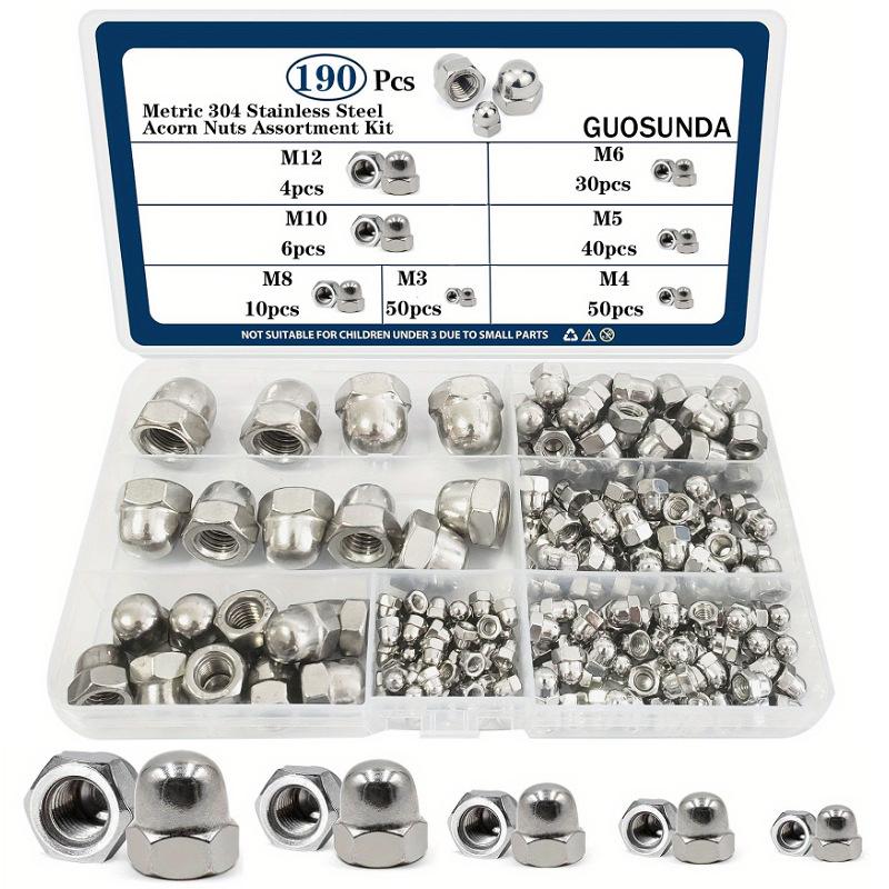 304 stainless steel hexagonal cover nut set cover nut 190Pcs boxed nut M3M4M5M6M8M12