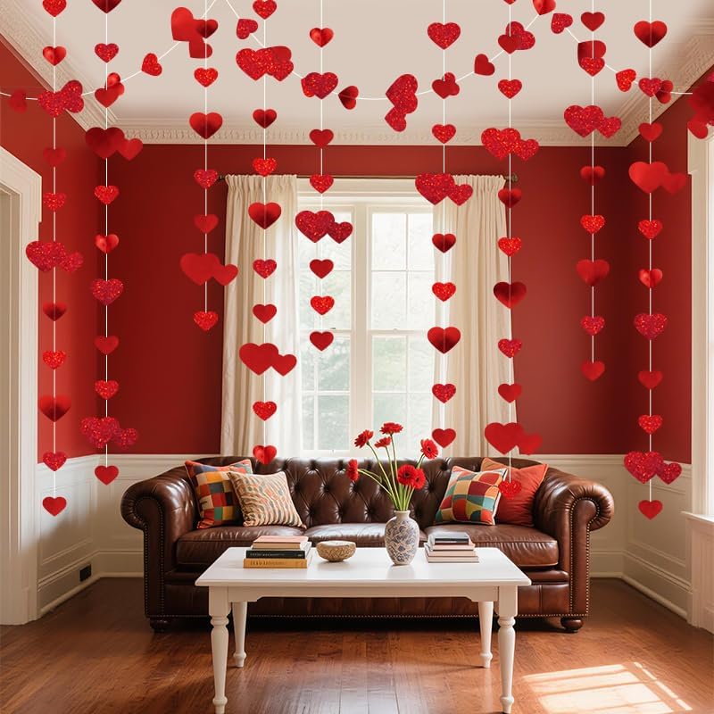 2pcs total 8m Red Heart Garland Hang Love Streamer Glitter Heart Backdrop for Wedding Engagement Valentines Party Decor