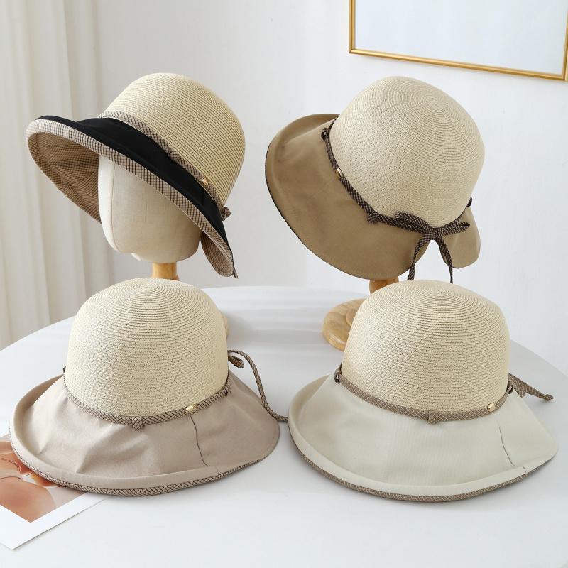 Summer Korean Casual Women's Fisherman Hats, Versatile Beach Hat Sunhat Accessories New Cloth Wide Brimmed Patchwork