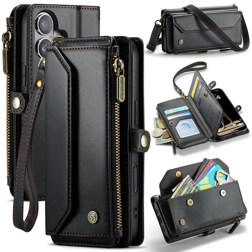 For iPhone 17 Leather Case CASEME C36 Zipper 10 Card Slots Phone Cover with Straps
