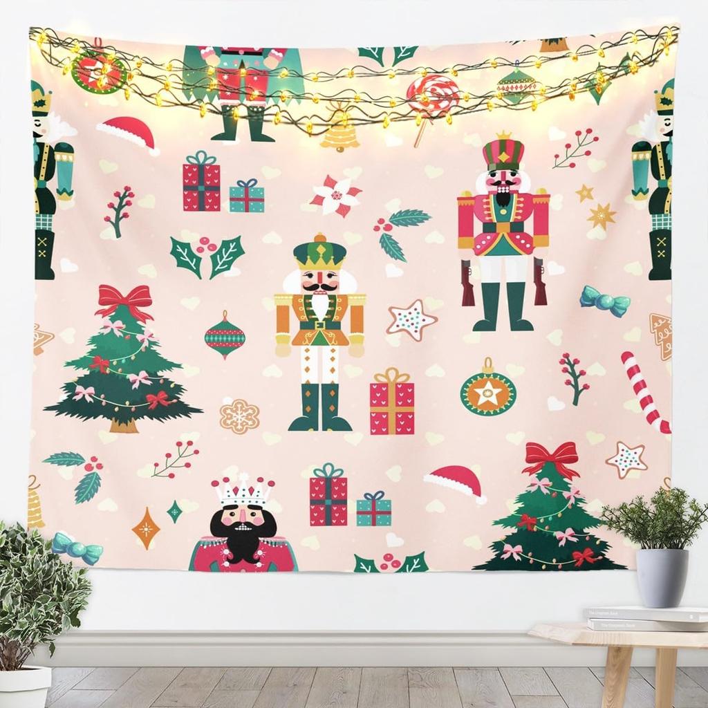 Pink Nutcracker Tapestry Christmas Wall Art for Living Room Bedroom Xmas Cute Wall Hanging Blanket Home Decor Small 70x100