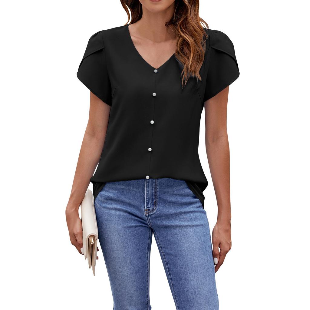Damen Lockeres, lässiges, einfarbiges, kurzärmliges Chiffon-Shirt mit V-Ausschnitt und Perlen