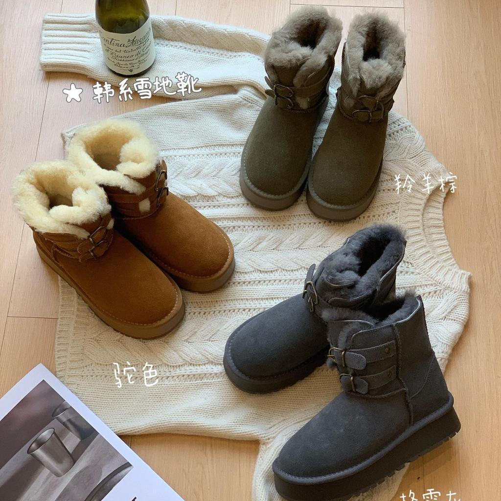 New leather wool metal buckle thick-soled muffin snow cotton boots thickened warm short boots small women's shoes