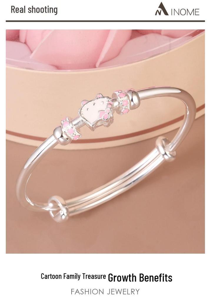 Sterling Silver Cartoon Kitten Bracelet for Girls (Ages 4-15) - Push-Pull Design