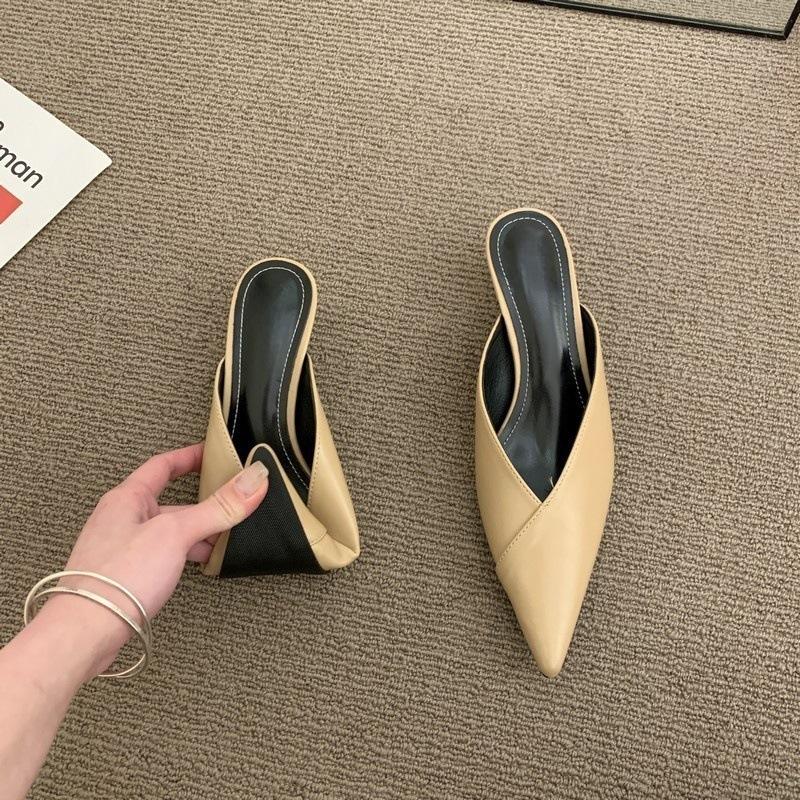Baotou pointed half slippers, summer cool slippers, black high-heeled medium-heeled stiletto mullers
