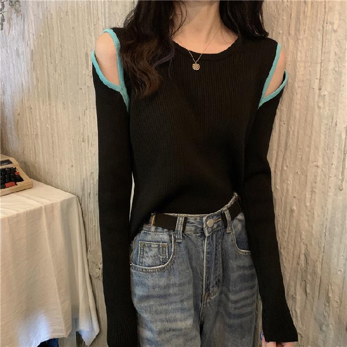 Knitted sweater women s clothing autumn interior matching color matching shirt 2025 new sweater off-the-shoulder short clothing one size fits all чёрный